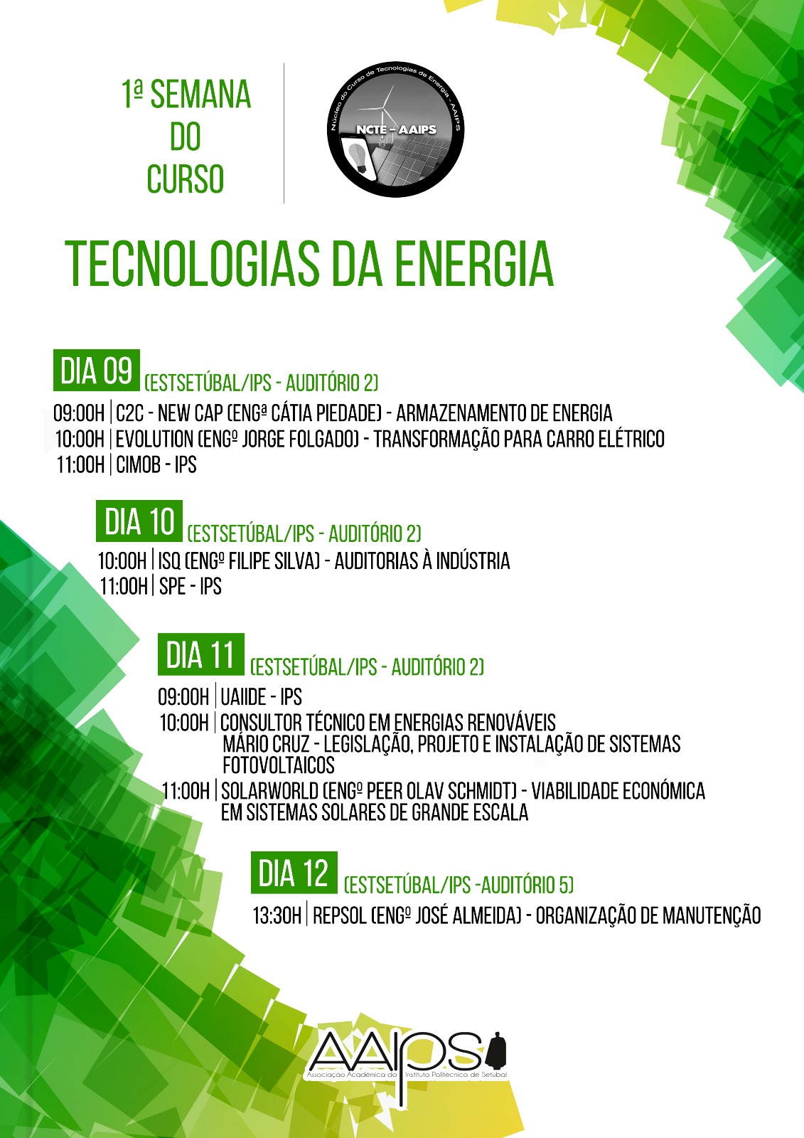 Cartaz programa da 1ª Semana do Curso de Tecnologias da Energia da Escola Superior de Tecnologia do Instituto Politécnico de Setúbal